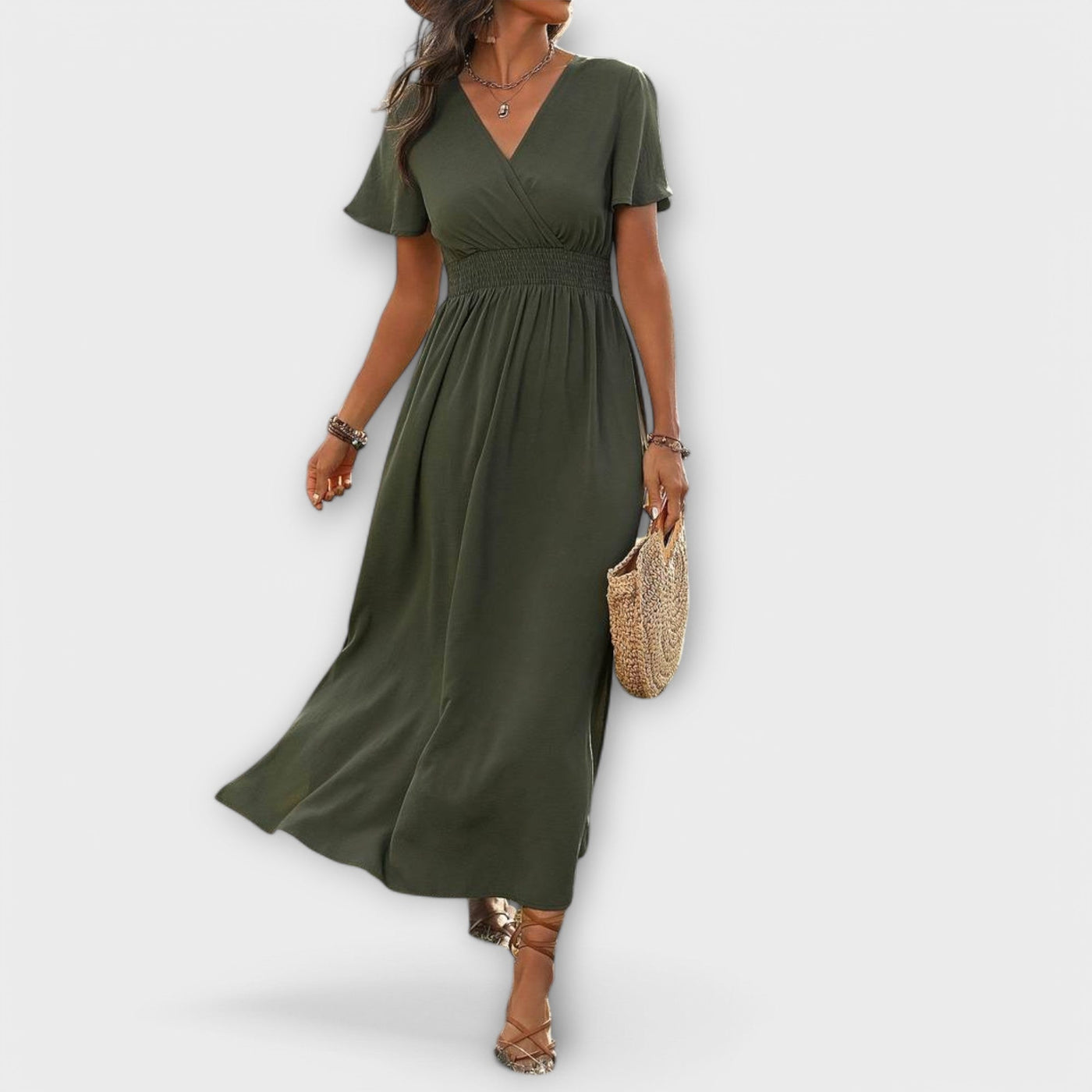 Heather - Elegante vestito Boho con scollatura a V e maniche lunghe