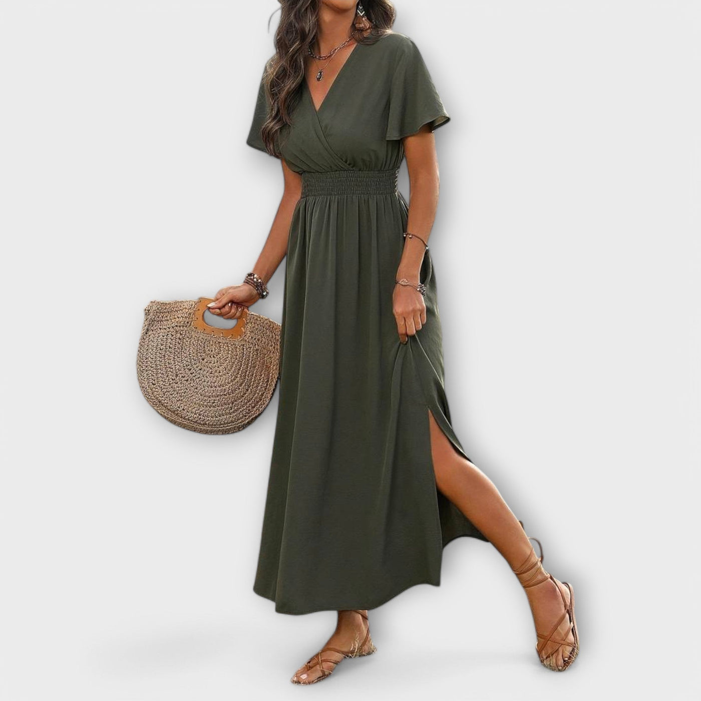 Heather - Elegante vestito Boho con scollatura a V e maniche lunghe