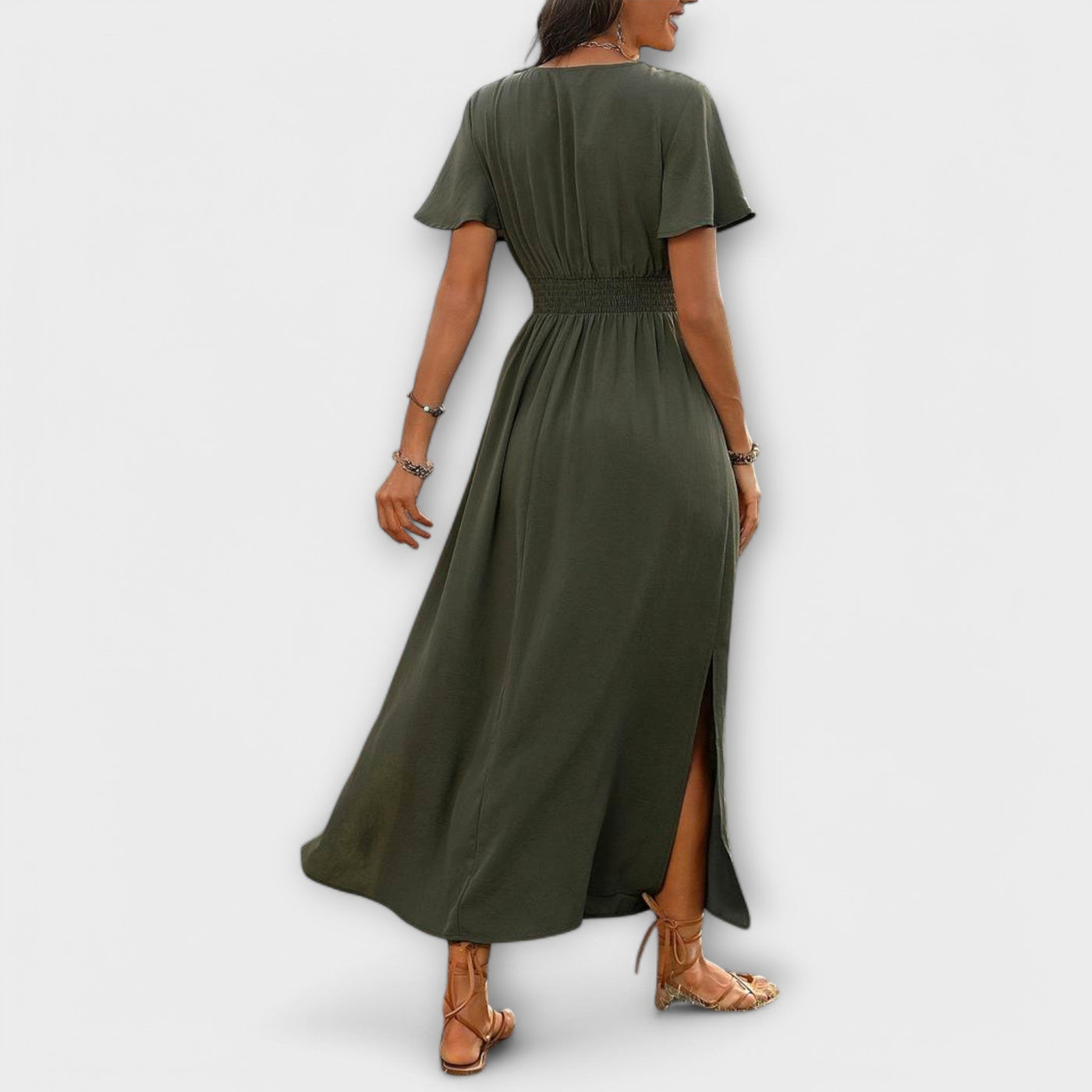 Heather - Elegante vestito Boho con scollatura a V e maniche lunghe