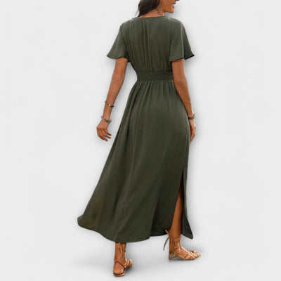 Heather - Elegante vestito Boho con scollatura a V e maniche lunghe