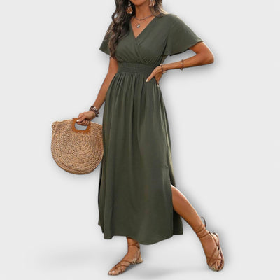 Heather - Elegante vestito Boho con scollatura a V e maniche lunghe