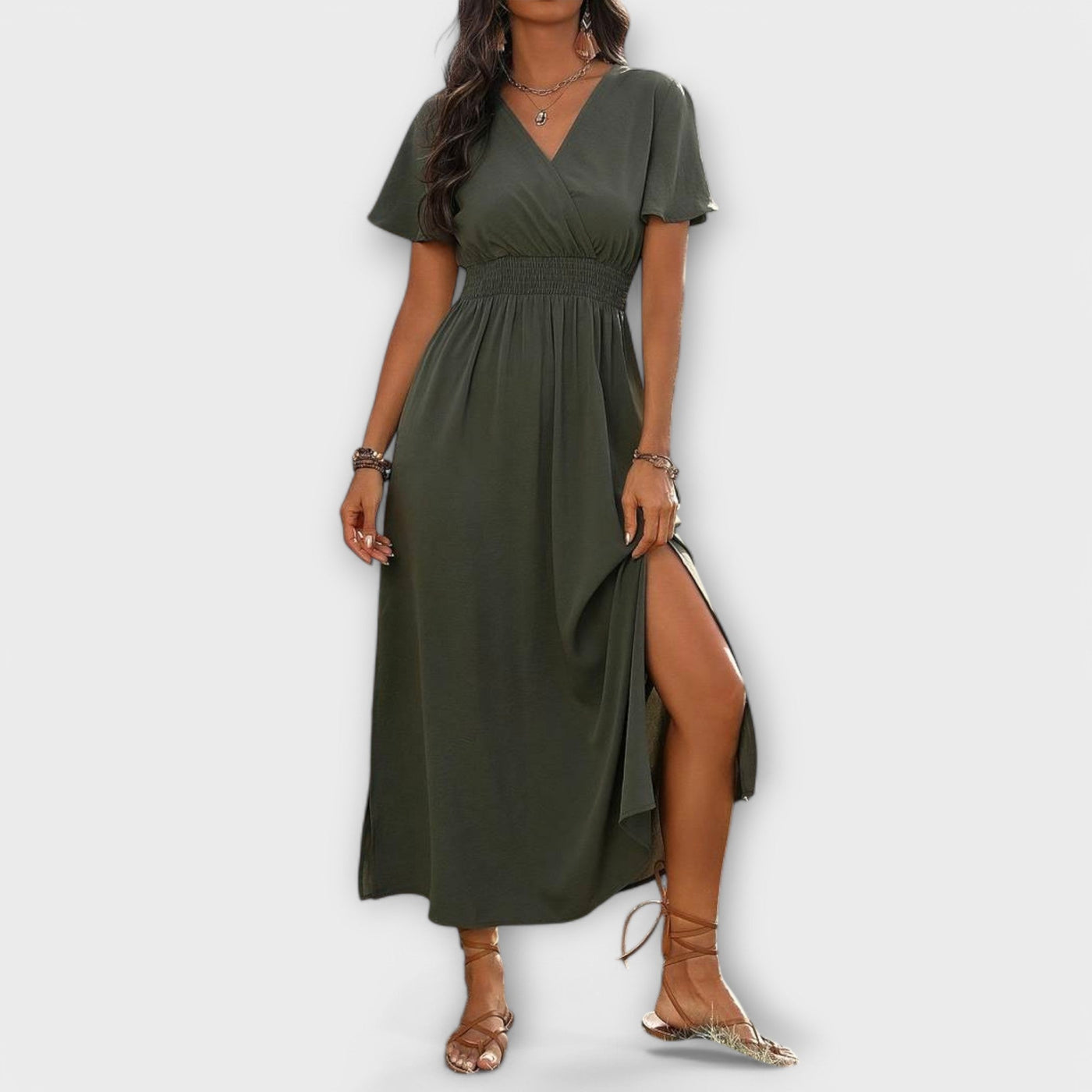 Heather - Elegante vestito Boho con scollatura a V e maniche lunghe